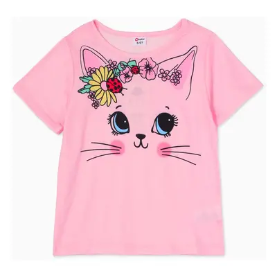 Kid Girl Animal Cat Floral Print Short-sleeve Tee