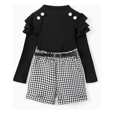 2pcs Kid Girl 95% Cotton Ruffle Rib-knit Top and Houndstooth Belted Shorts Set