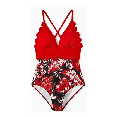 Family Matching Allover Plant Print Swim Trunks and Scallop Trim One-piece Swimsuit