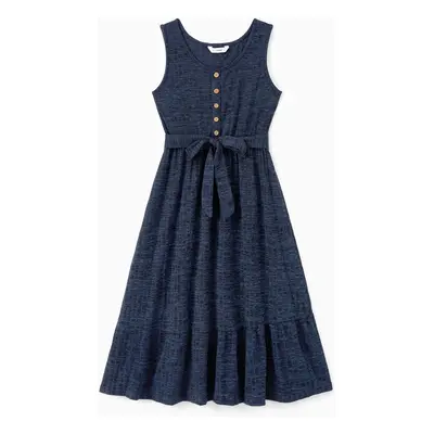 Mommy and Me Casual Solid Color Ribbed Belted Button Sleeveless Round Neck Dresses