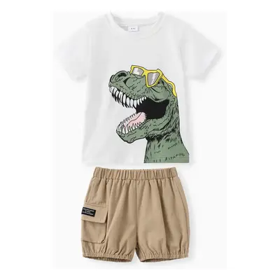 2pcs Toddler Boy Playful Dinosaur Print Tee & Cargo Shorts Set