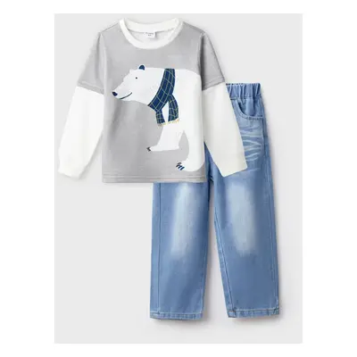 2PCS Toddler Boy Childlike Animal Pattern Faux Layered Denim Set