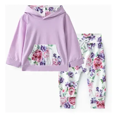 3pcs Baby Girl 95% Cotton Long-sleeve Hoodie and Floral Print Pants with Headband Set