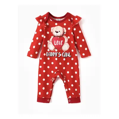 Valentine's Day Baby Girl Sweet Bear and Polka Dot Print Jumpsuit