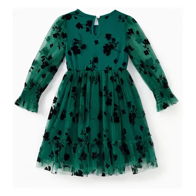 Mommy and Me Green Long Sleeves Embroidered Tulle Dress with Hidden Snap Button