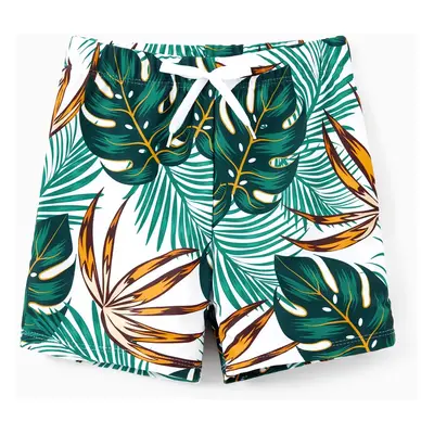 Family Matching Allover Plants Print Swim Trunks Shorts and V Neck Spaghetti Strap Splicing One-