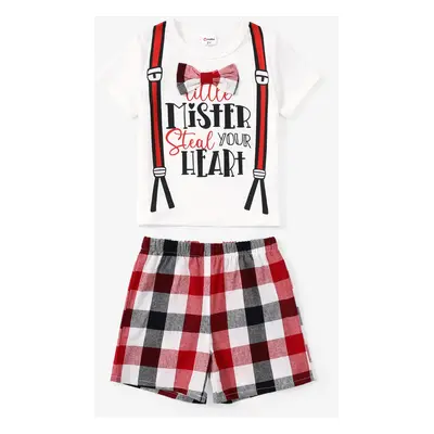 Toddler Boy Valentine's Day 2pcs Letter Print Bowknot Tee and Plaid Shorts Set