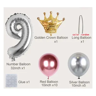 19-pack Numbers Crown Aluminum Foil Balloon and Latex Balloon Set Birthday Party Wedding Column 