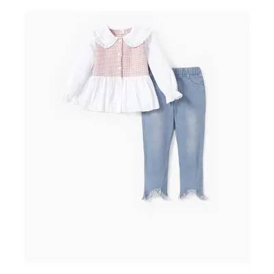 2-piece Toddler Girl Doll Collar Tweed Splice Long-sleeve Top and Ripped Hem Denim Jeans Set