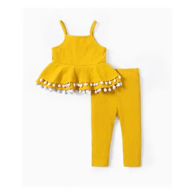 2pcs Baby Girl Solid Cotton Ribbed Layered Ruffle Hem Pom Poms Cami Top & Leggings Set