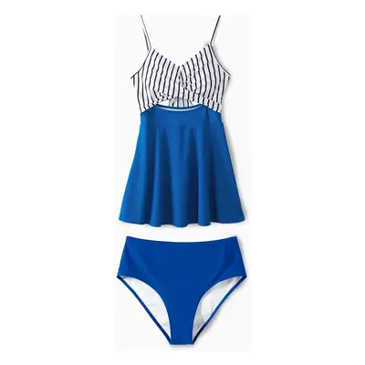 Matching Family Swimsuit Colorblock Drawstring Swim Trunks or Striped Blue Spliced Tankini with 