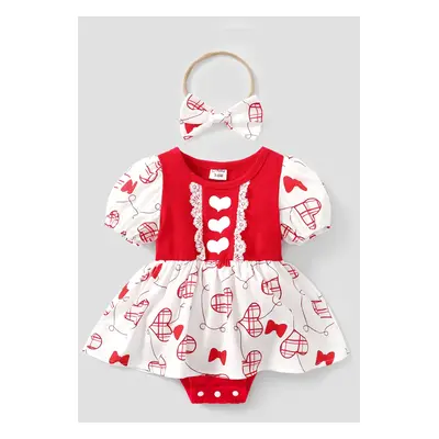 Valentine's Day Baby Girl Heart-shaped Lace Bubble Sleeves Romper with Headband