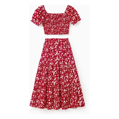 Valentine's Day Family Matching Red Sets Floral Polo Short-sleeve Top or Off Shoulder Split Hem 