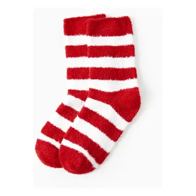 Christmas Socks Red&White Striped Furry Holiday Socks Matching for Family