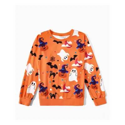 Halloween Allover Ghost Print Orange Long-sleeve Sweatshirts for Mom and Me