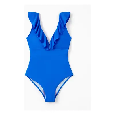 Family Matching Blue Ruffle One-piece Swimsuit or Swim Trunks