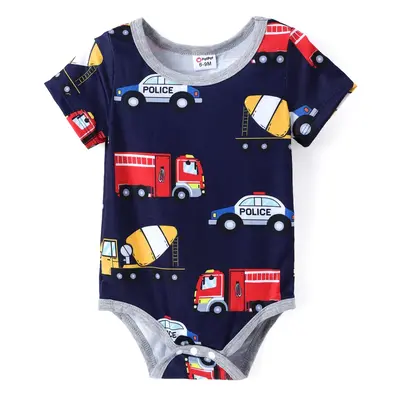 Baby Boy Cartoon Vehicle Print Grey/White/Colorful Striped Short-sleeve Romper