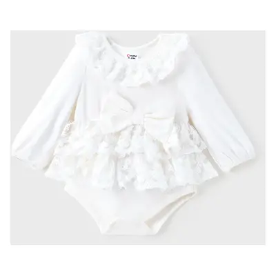 Baby Girl Naia Sweet Bowknot Solid Color Ruffle Edge Romper