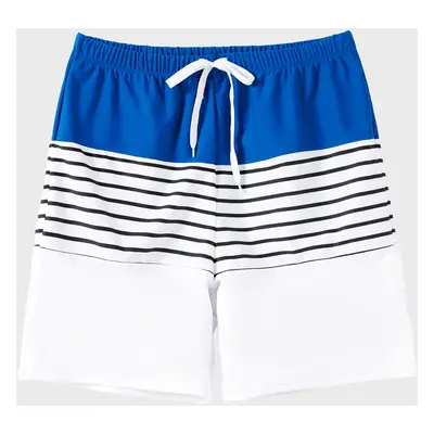 Matching Family Swimsuit Colorblock Drawstring Swim Trunks or Striped Blue Spliced Tankini with 