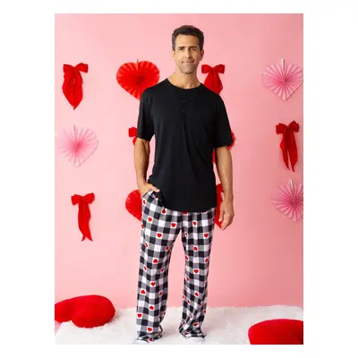 Valentine's Day Family Matching Heart Print Short-sleeve Top and Plaid Pants Black Pajamas Set