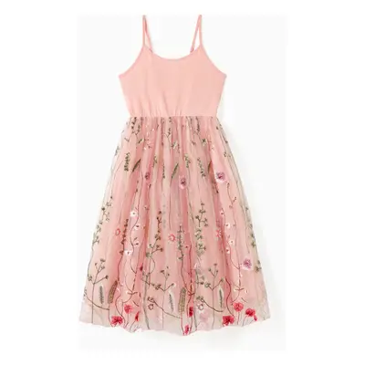 Family Matching Solid Color/ Raglan Sleeves Tee and Pink Cami Embroidered Tulle Strap Dress Sets