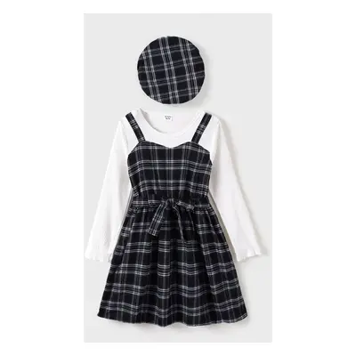 2pcs Kid Girl Rib-knit Plaid Panel In Long-sleeve Dress and Hat Set