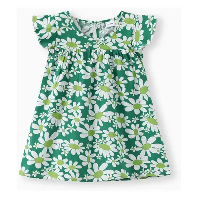 100% Cotton Baby Girl All Over Floral Print Flutter-sleeve Loose-fit Dress