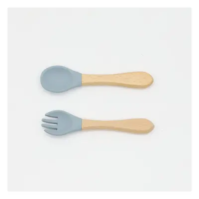 2-pack Baby Silicone Fork and Spoon with Wood Handle Baby Toddler Tableware Dishes Self-Feeding 