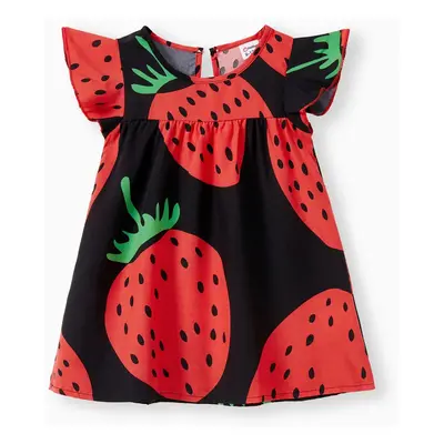 Baby Girl Strawberry Print Flutter-sleeve Dress