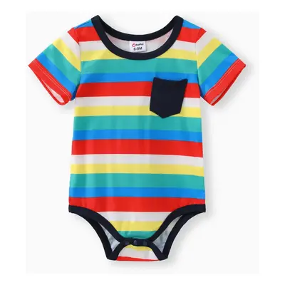 Baby Boy Cartoon Vehicle Print Grey/White/Colorful Striped Short-sleeve Romper