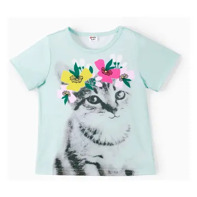 Kid Girl Animal Cat Floral Print Short-sleeve Tee