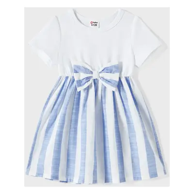 Family Matching Cotton Short-sleeve Spliced Tee and Striped Surplice Neck Short-sleeve Belted Dr