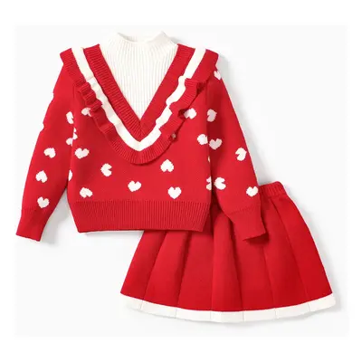 Toddler Girl 2pcs Heart Print Sweater Skirt Set