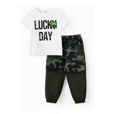 Toddler/Kid Girl 2pcs Letter Print Tee and Camouflage Removable Cargo Pants Set