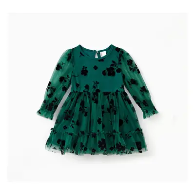 Mommy and Me Green Long Sleeves Embroidered Tulle Dress with Hidden Snap Button