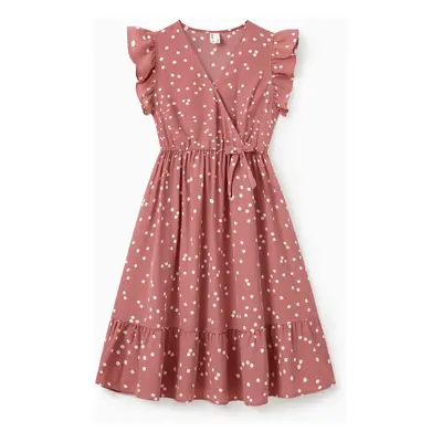 All Over Dots Pink Cross Wrap V Neck Ruffle Flutter-sleeve Dress for Mom and Me