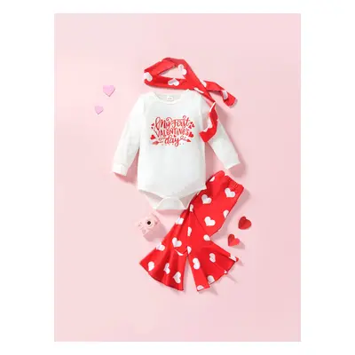 Valentine's Day 3pcs Baby Girl 95% Cotton Letter Graphic Long-sleeve Ribbed Romper and Allover H