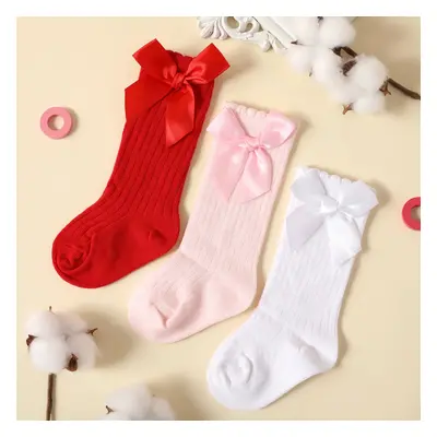 3-pairs Baby / Toddler Bow Decor Plain Ribbed Crew Socks