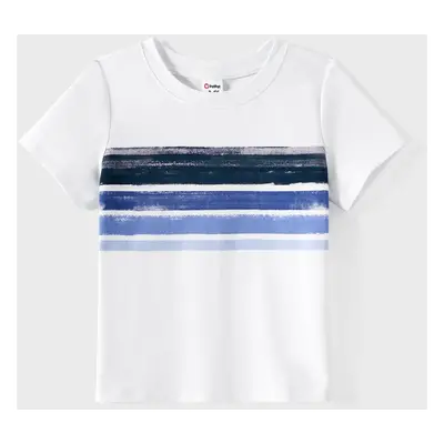 Family Matching Cotton Short-sleeve Spliced Tee and Striped Surplice Neck Short-sleeve Belted Dr