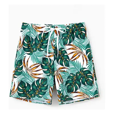 Family Matching Allover Plants Print Swim Trunks Shorts and V Neck Spaghetti Strap Splicing One-