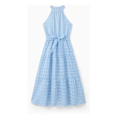 Family Matching Sets Blue Vacation Mode Tee or Tiered Checkered Organza Mesh Halter Dress