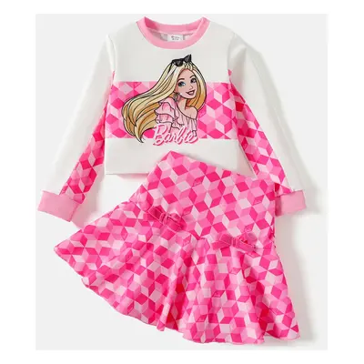 Barbie 2pcs Kid Girl Plaid Colorblock Long-sleeve Tee and Bowknot Design Skirt Set