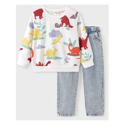 2pcs Toddler Boy Allover Dinosaur Print Long-sleeve Tee and 95% Cotton Pockets Denim Jeans Set