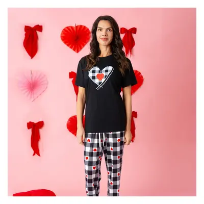 Valentine's Day Family Matching Heart Print Short-sleeve Top and Plaid Pants Black Pajamas Set