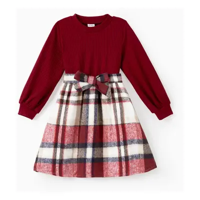 Family Matching Solid Ribbed Spliced Plaid Belted Dresses and Long-sleeve Button Up Shirts Sets