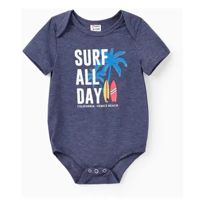 Family Matching Sets Deep Blue Coconut Tree and Slogan Printed Tee or Short Sleeves A-Line Dress