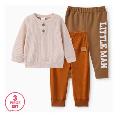 3-Piece Baby Boy Button Design Ribbed Sweatshirt and Patchwork Waffle Pants and Sweatpants Set