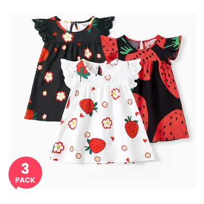 3-Pack Baby Girl Sweet Strawberry Lace Dresses