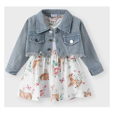 2pcs Baby Girl Allover Deer Print Tank Dress and Long-sleeve Raw Trim Denim Crop Jacket Set