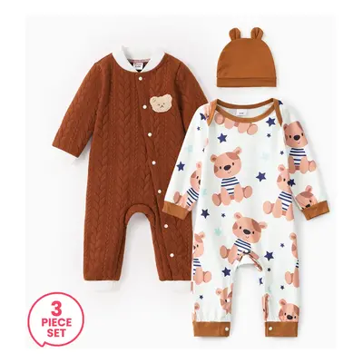 3-Piece Baby Boy Bear Embroidered Knitted Jumpsuit and Printed Jumpsuit with Ear Hat Set